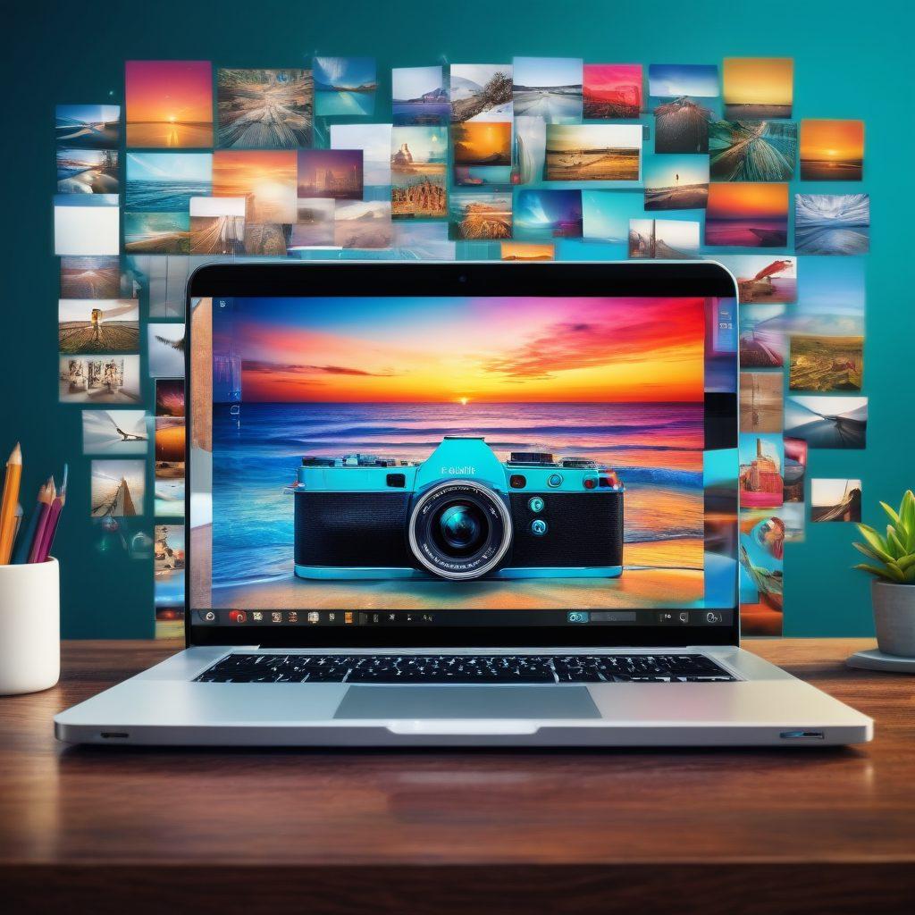 A dynamic collage showcasing various stages of online photography services: a high-end camera evoking the essence of capturing moments, a laptop screen with powerful editing software, a smartphone app with sharing options, and vibrant photos being shared on social media platforms. Incorporate elements of creativity, technology, and connectivity. super-realistic. vibrant colors. sleek design.