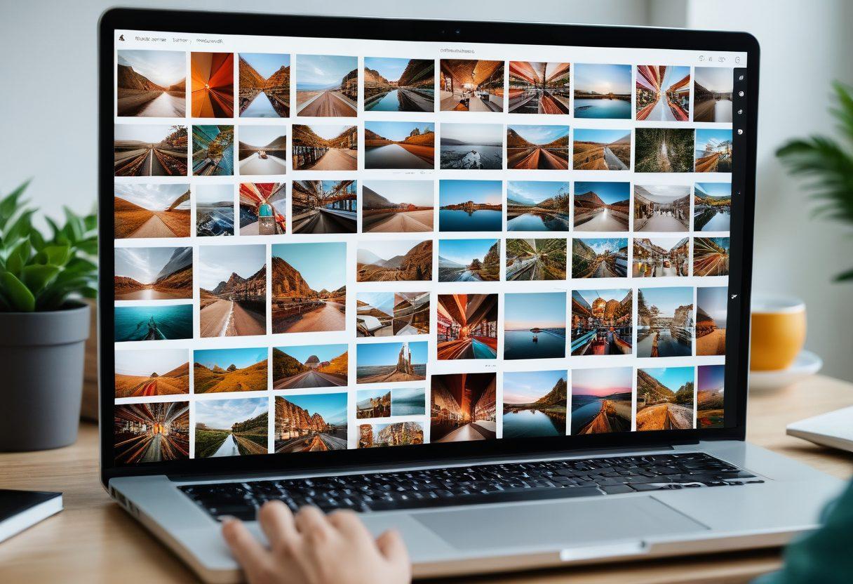 A vibrant digital gallery featuring a sleek user interface, with an open laptop displaying neatly organized photo collections, colorful thumbnails, and intuitive sharing options. A person happily selecting and organizing stunning photographs. Super-realistic, vibrant colors, modern design.